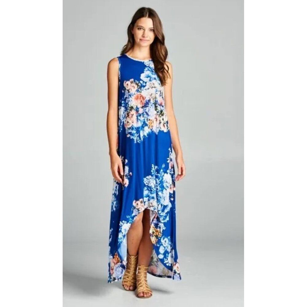 Bellamie Women Blue Floral Hi-Low Sleeveless Dress with Pockets Size S - Picture 1 of 9